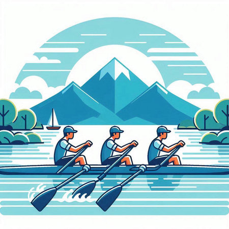 Illustration of people rowing on lake with mountains in the backgroundのイラスト素材