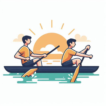 Two young men rowing on a boat. Flat style vector illustration.のイラスト素材
