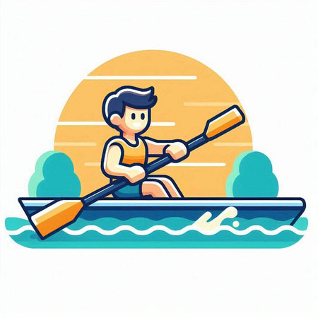 Man in a kayak on the river. Vector flat illustration.のイラスト素材