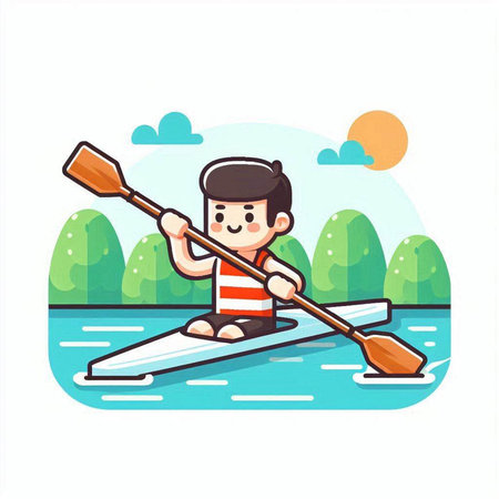 Cute little boy in a kayak. Vector flat cartoon illustrationのイラスト素材