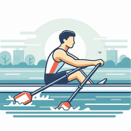 Man rowing on the river. Vector illustration in flat cartoon styleのイラスト素材