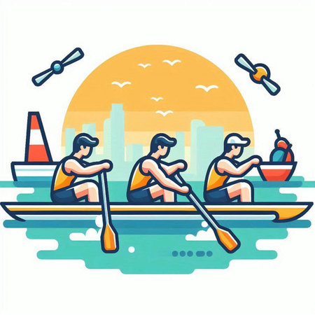 People rowing on the river. Vector illustration in flat style.のイラスト素材