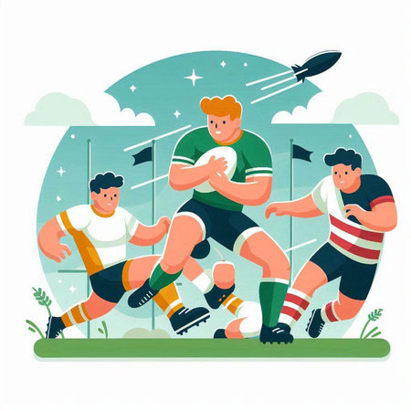 Rugby players in action. Vector illustration in flat style.のイラスト素材