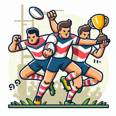 Rugby players in action with trophy and ball. Vector illustration.のイラスト素材