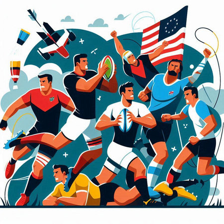 American football players, vector illustration in flat style. Soccer players with flags.のイラスト素材