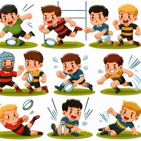 A vector illustration of a set of boys playing rugby in different waysのイラスト素材
