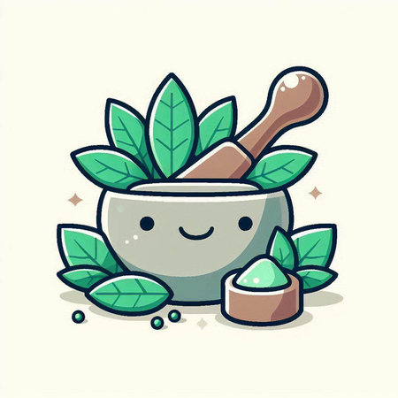 Mortar and pestle with green tea leaves. Vector illustration.のイラスト素材