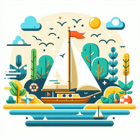 Sailing boat in the sea. Vector illustration in flat style.のイラスト素材