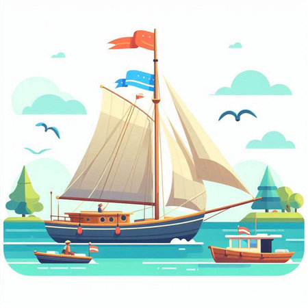 Sailing ship on the sea. Vector illustration in flat style.のイラスト素材