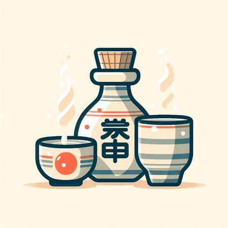 Japanese sake bottle and tea cups. Vector illustration in cartoon style.のイラスト素材