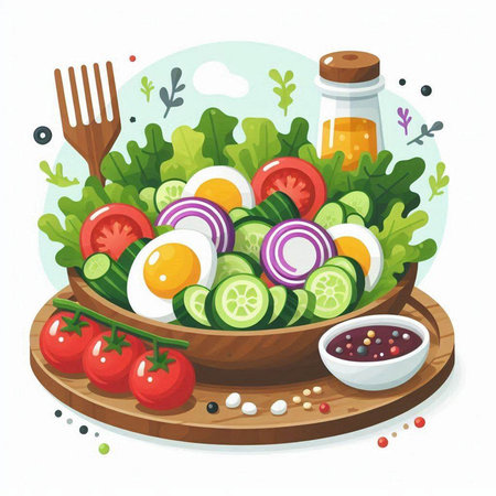 Fresh vegetable salad in wooden bowl. Healthy food. Vector illustration.のイラスト素材