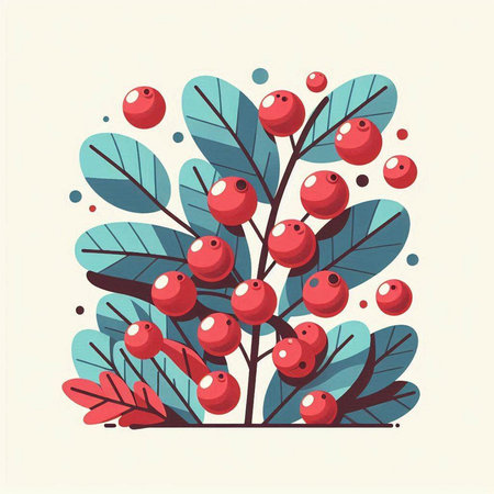 Christmas tree branch with red berries. Vector illustration in flat style.のイラスト素材