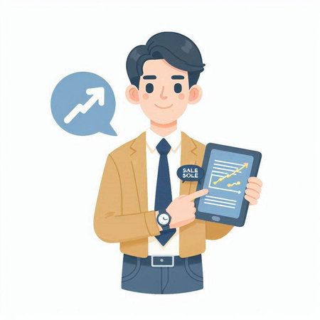 Businessman showing a tablet. Vector illustration in a flat style.のイラスト素材