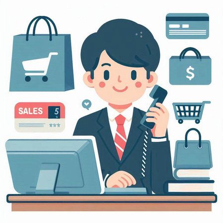 A man in a suit with a phone and a shopping bag.のイラスト素材