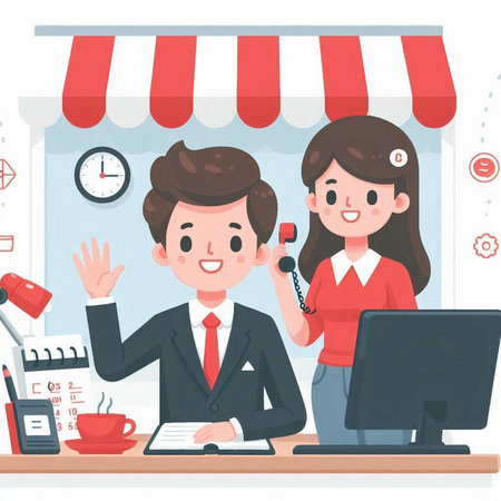 Businessman and businesswoman talking on the phone in the office.のイラスト素材