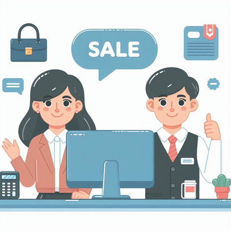 Business man and woman in office. Vector illustration in flat style.のイラスト素材