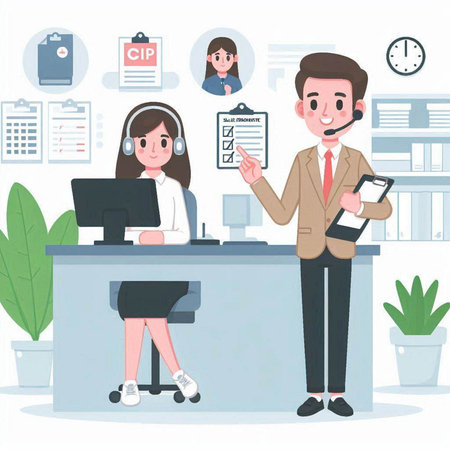 Call center concept. Vector illustration in a flat style. Man and woman at reception.のイラスト素材