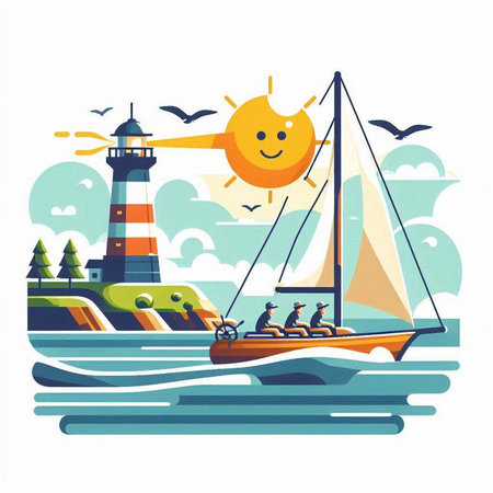 Vector illustration of sailboat and lighthouse on the seashore.のイラスト素材