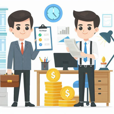 Businessman cartoon character working in office. Business concept vector illustration.のイラスト素材