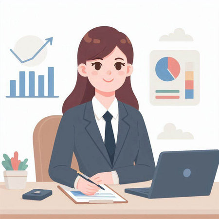 Business woman working at office with laptop and document. Vector illustration.のイラスト素材