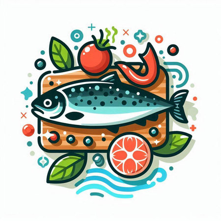 Fresh fish with vegetables. Vector illustration in flat linear style on white background.のイラスト素材