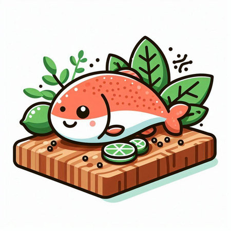 Illustration of a cute salmon on a wooden cutting board with vegetablesのイラスト素材