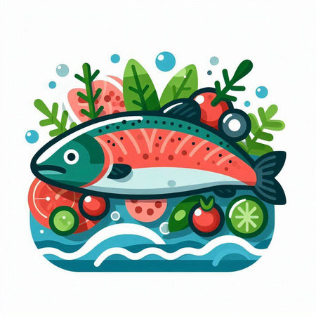 Salmon fish with vegetables. Vector illustration in flat cartoon style.のイラスト素材