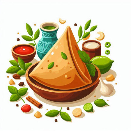 Vector illustration of traditional indian samosas with spices and herbsのイラスト素材