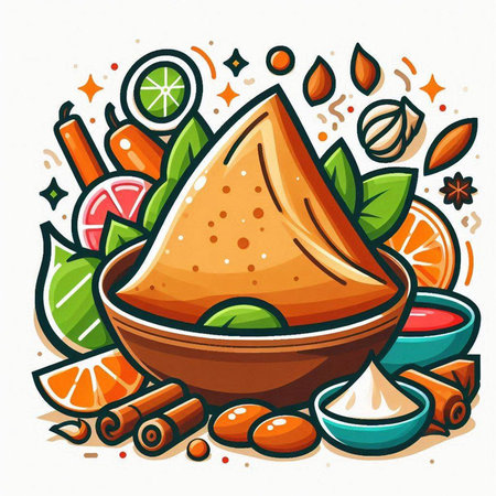 Vector illustration of Indian food, dumplings in bowl with spices.のイラスト素材