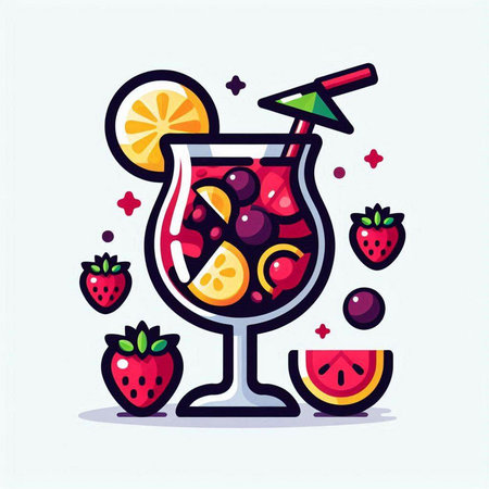 Cocktail with fruits and berries. Colorful vector illustration.のイラスト素材