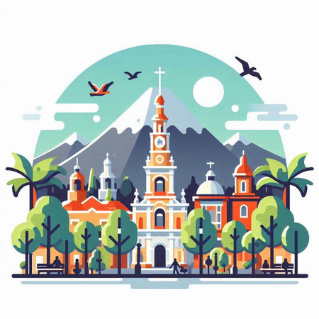 Church in the center of the city. Vector illustration in flat styleのイラスト素材