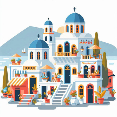 Greece, Santorini. Vector illustration in flat styleのイラスト素材