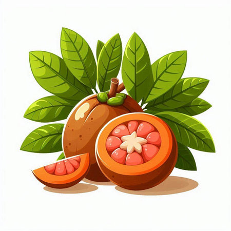Sapodilla fruit with leaves isolated on white background. Vector illustration.のイラスト素材