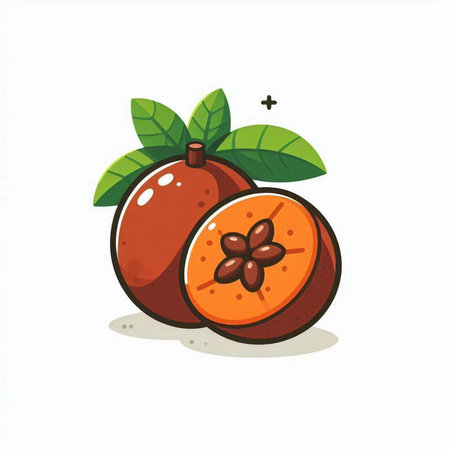 Illustration of a whole and half orange with leaves on a white backgroundのイラスト素材