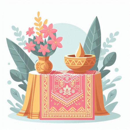 Vector illustration of Happy Diwali festival in flat style. Decorated table with candles, flowers and leaves.のイラスト素材