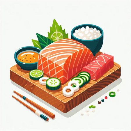 Illustration of salmon sushi on wooden board with sauce and chopsticksのイラスト素材