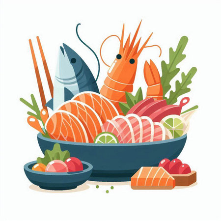 Seafood set. Sashimi, salmon, prawns, squid, shrimp, tunapus, squid, shrimp. Vector illustrationのイラスト素材