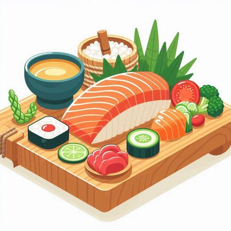 Illustration of Salmon Sushi on a Wooden Board with Vegetablesのイラスト素材
