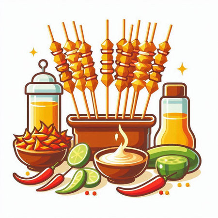 Illustration of traditional indian food and ingredients on white background.のイラスト素材