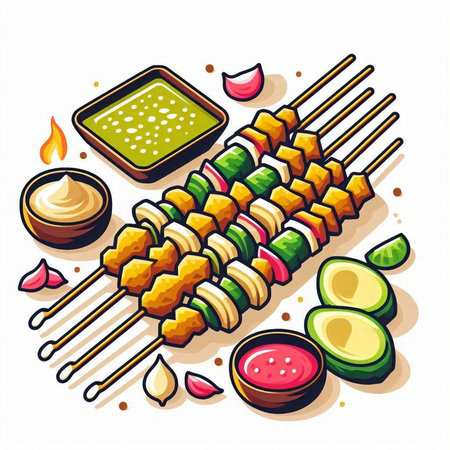 Skewers on skewers with sauce. Vector illustration.のイラスト素材