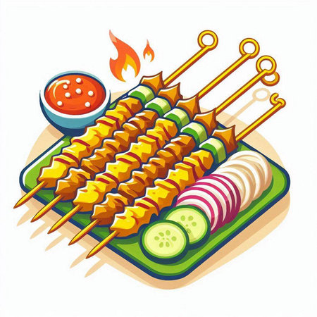 Skewers with sauce on a plate. Vector illustration.のイラスト素材