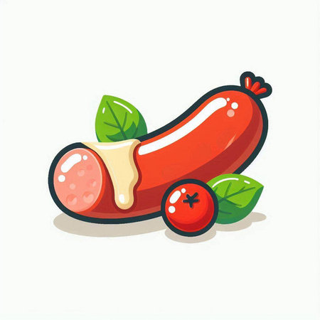 Sausage with sour cream and cherry tomato. Vector illustration.のイラスト素材