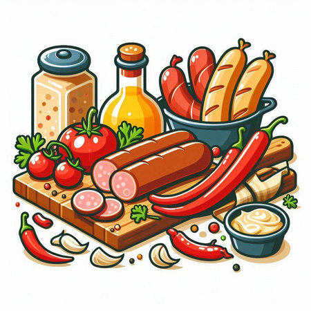 Sausages, vegetables and spices. Vector illustration on white background.のイラスト素材
