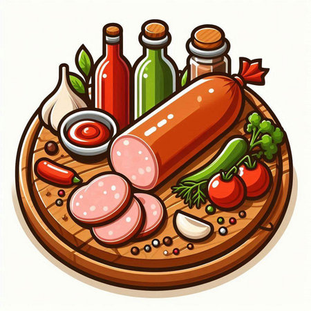 Sausage and vegetables on a wooden board. Vector illustration.のイラスト素材