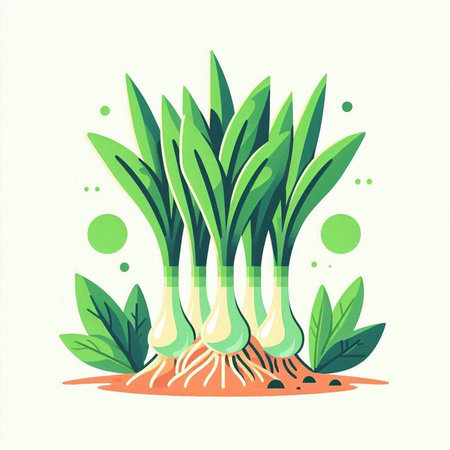 Green onion growing in the soil. Vector illustration in flat style.のイラスト素材
