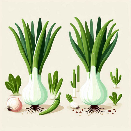 Vegetable set: onion, garlic, green onion. Vector illustration.のイラスト素材