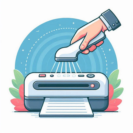Vector illustration of a hand disinfecting a printer on a white backgroundのイラスト素材