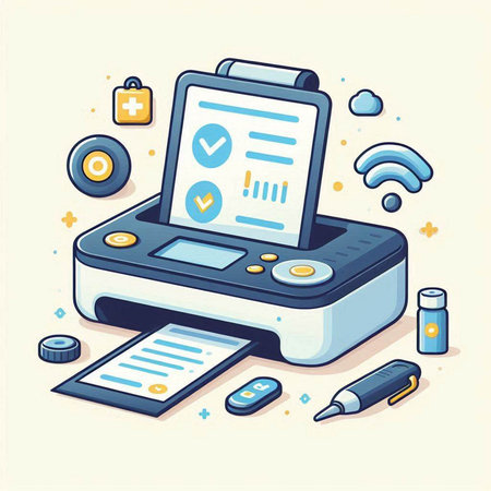 Vector illustration of modern printer with documents and electronic devices on light backgroundのイラスト素材