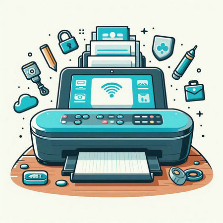 Vector illustration of printer on wooden table. Technology concept. Hand drawn cartoon style.のイラスト素材