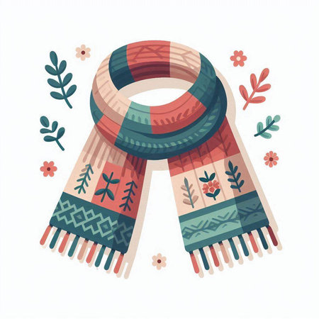 Warm knitted scarf. Vector illustration in flat cartoon style.のイラスト素材